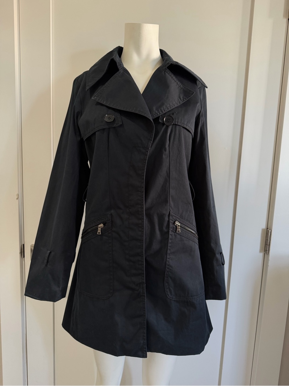 Andrew Marc Black Women's Trench Coat with Zip Pockets